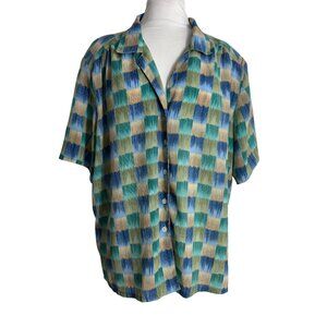 Donnkenny Womens XL Blouse Shirt Top Blue Green Checkerboard Short Sleeve